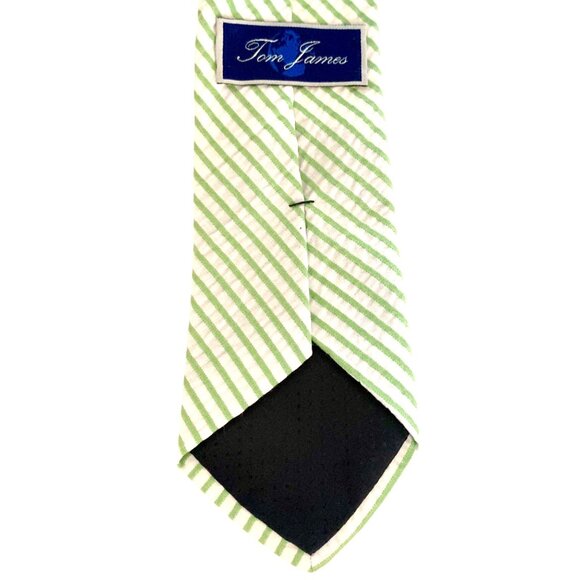 Tom James Mens Tie Green White Stripe 100% Cotton Spring 3.25 x 60 Preppy Easter - Picture 2 of 4